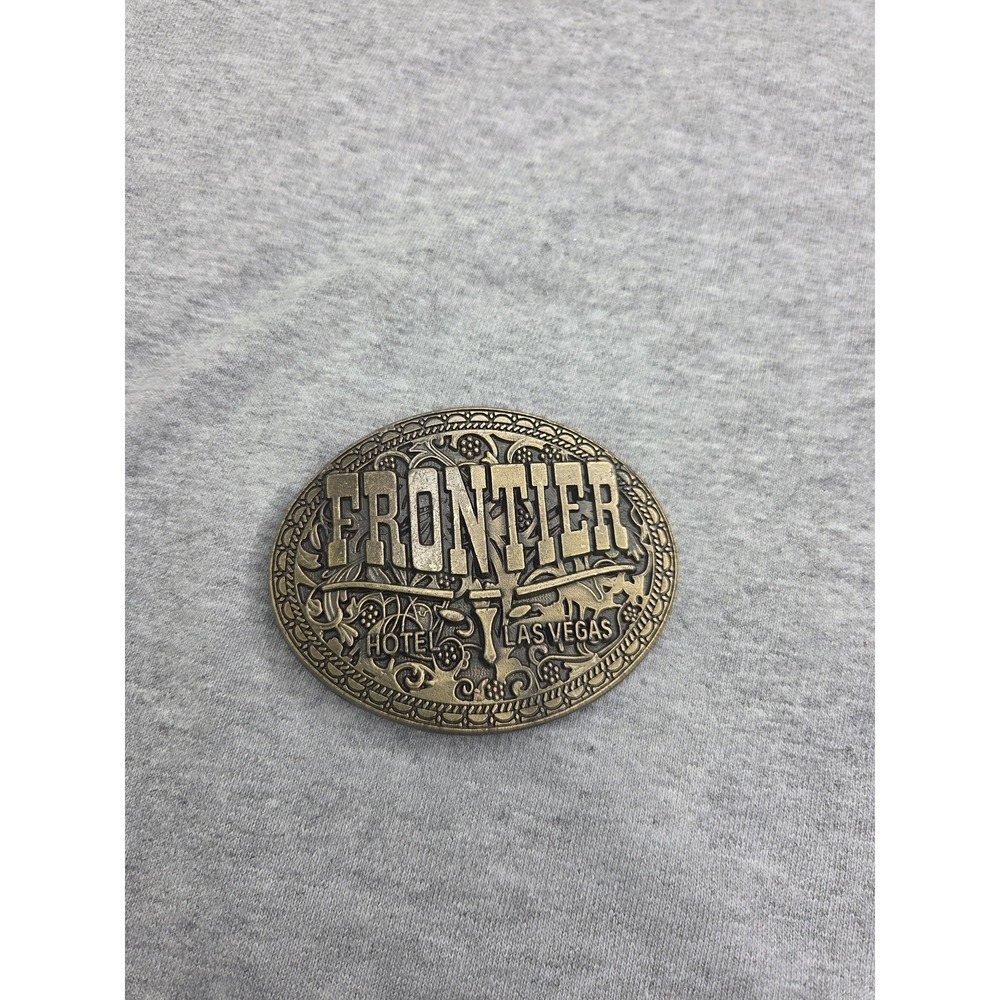 Vintage 1970s Frontier Hotel Las Vegas Solid Brass Belt Buckle Casino Souvenir